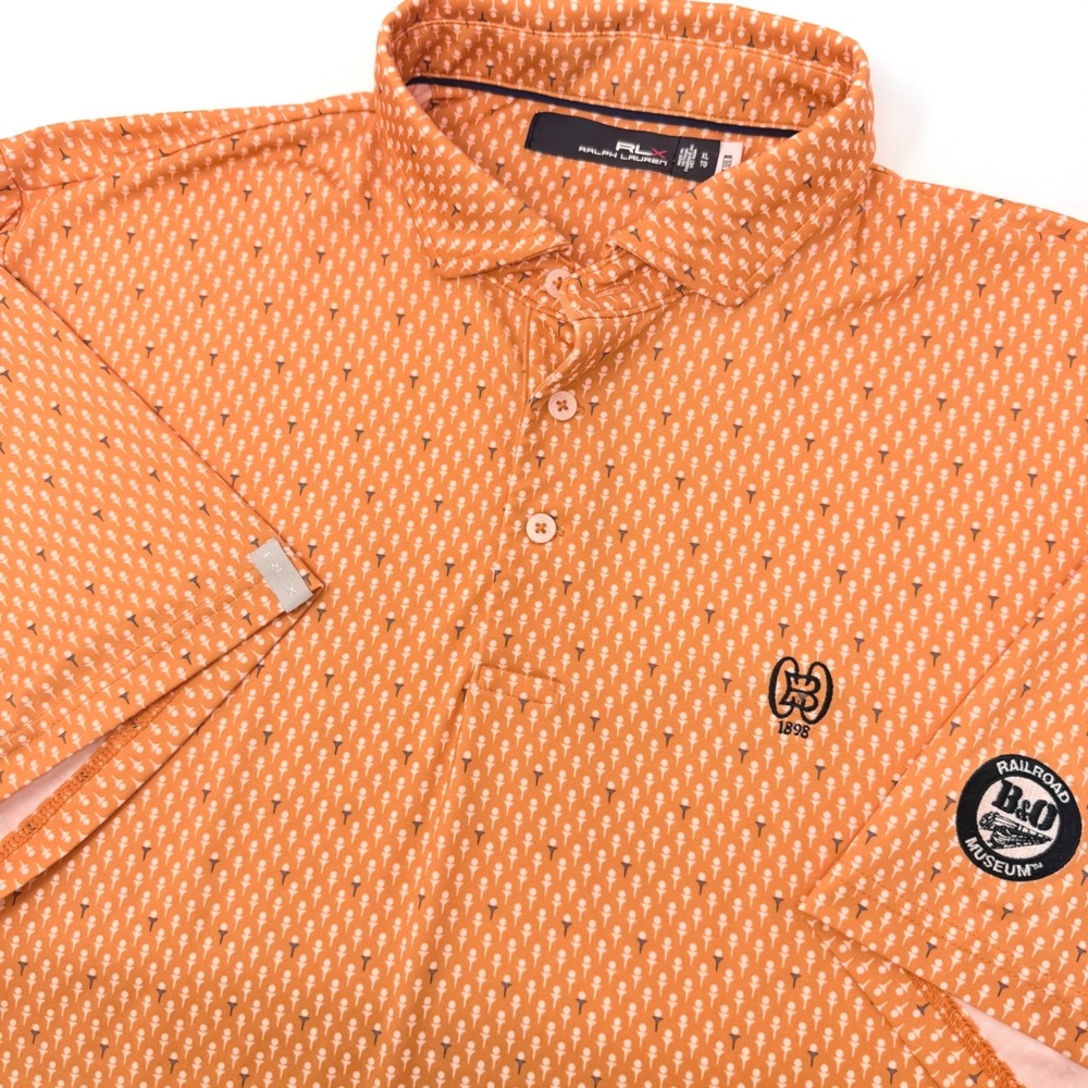 RLX Ralph Lauren Mens XL Orange Golf Tee Print Polo B&O Railroad Museum